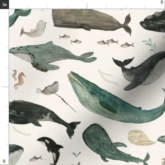 Various Fabrics by the Yard or Fat Quarter Whale Sea Life Ocean Green Charcoal Gray Swimming Nautical Animals Whimsical Beach Watercolor Trendy Custom Printed Fabric by Spoonflower {4}