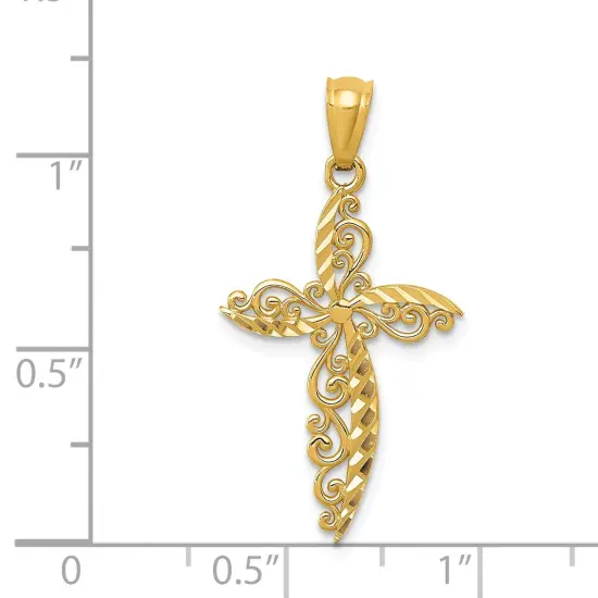 14K Yellow Gold Scroll Design Cross Pendant Charm Jewerly 30mm x 16mm {2}