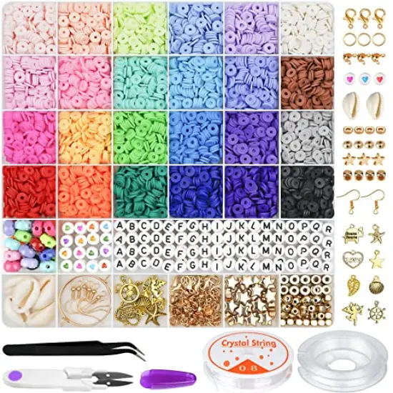 6000 Pieces Clay Beads for Bracelet Making, 24 Colors Flat Round Polymer Clay Beads 6mm Spacer Heishi Beads with Pendant Charms Kit and Elastic Strings for Jewelry Making Kit Bracelets Necklace {1}