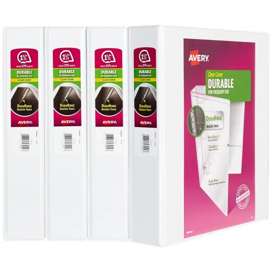 Avery Durable View 3 Ring Binders, 1.5" Slant Rings, 4 White Binders (17576) {1}