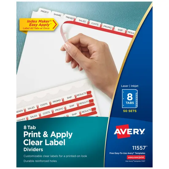 Avery 8 Tab Dividers for 3 Ring Binder, Easy Print & Apply Clear Label Strip, Index Maker Customizable White Tabs, 50 Sets (11557) {1}