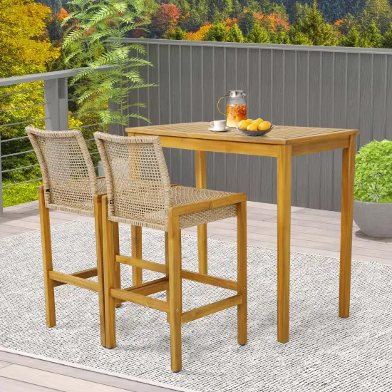 Costway Set of 4 Patio Wood Barstools Rattan Bar Height Chairs with Backrest Porch Balcony {3}