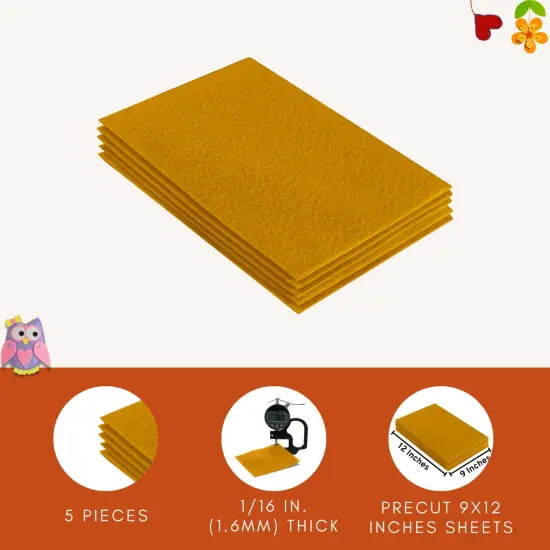 FabricLA Acrylic Felt Sheets for Crafts - Precut 9" X 12" Inches (20 cm X 30 cm) Felt Squares - Use Felt Fabric Craft Sheets for DIY, Hobby, Costume, and Decoration | Antique Gold - 5 Pieces {2}