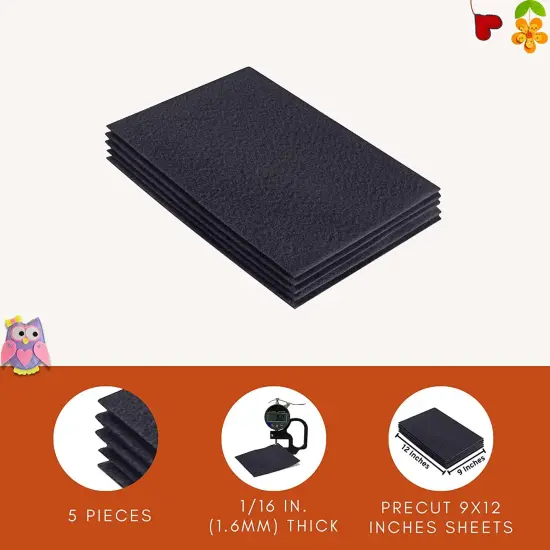 FabricLA Acrylic Felt Sheets for Crafts - Precut 9" X 12" Inches (20 cm X 30 cm) Felt Squares - Use Felt Fabric Craft Sheets for DIY, Hobby, Costume, and Decoration | Dark Grey - 5 Pieces {2}