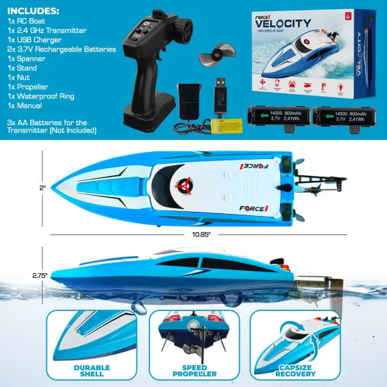 Force1 Velocity Fast RC Boat - Blue {6}