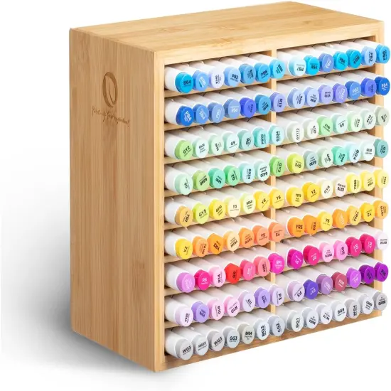 Ohuhu Bamboo Marker Organizer, Wooden Desktop Storage Hold 126/224 Markers, Markers Pens Pencils Art Brushes Stationary Organizer Pencil Holder with 18/32 Compartments for Home Classroom Office Decor {1}