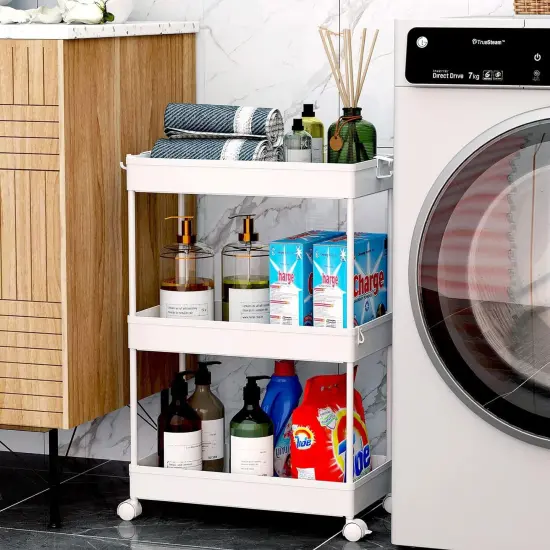 SPACEKEEPER Storage Rolling Cart, 3 Tier Laundry Room Organization Utility Cart Bathroom Organizer Mobile Shelving Unit Shelves Multi-Functional Trolley, White {6}