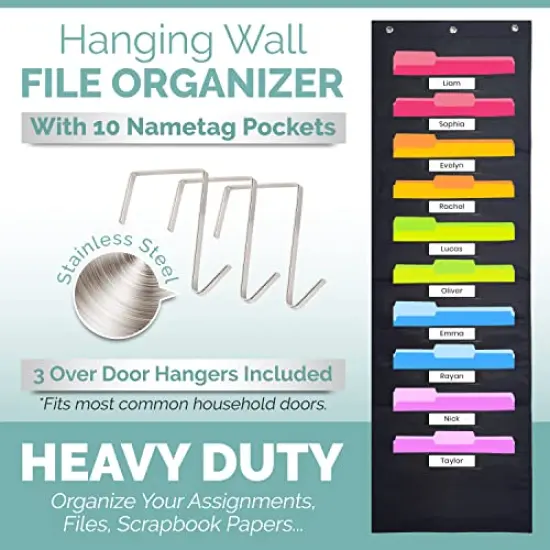 Black Pocket Chart for Classroom - 10 Pocket Storage Rainbow Pocket Charts , 3 Over Door Hangers Included, Hanging Wall File Organizer for File Folders, School Mailbox, Home/Office Papers {4}