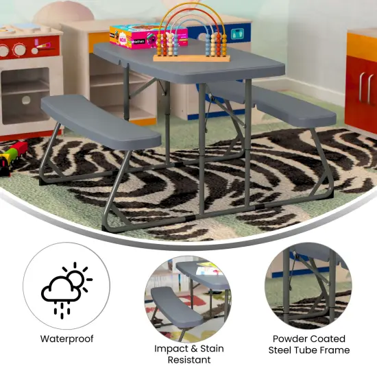 Emma and Oliver Aryka Kid's Easy Fold Waterproof, Stain and Impact Resistant Plastic Picnic Table with Benches and Steel Tube Frame Gray {2}