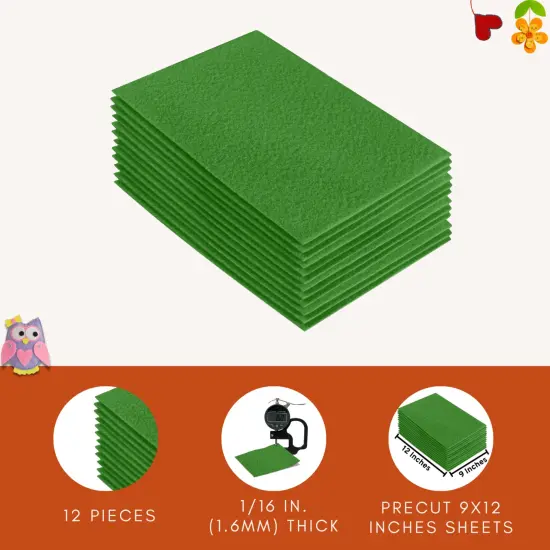 FabricLA Acrylic Felt Sheets for Crafts - Precut 9" X 12" Inches (20 cm X 30 cm) Felt Squares - Use Felt Fabric Craft Sheets for DIY, Hobby, Costume, and Decoration | Green - 12 Pieces {5}