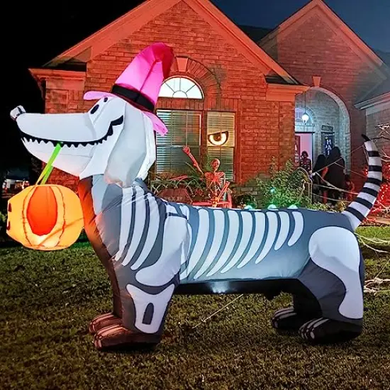GOOSH 5Ft Halloween Inflatables Outdoor Decorations Skeleton Puppy Inflatable Yard Decoration with Build-in LEDs Blow Up Pumpkin for Halloween Party Indoor Outdoor Yard Garden {6}