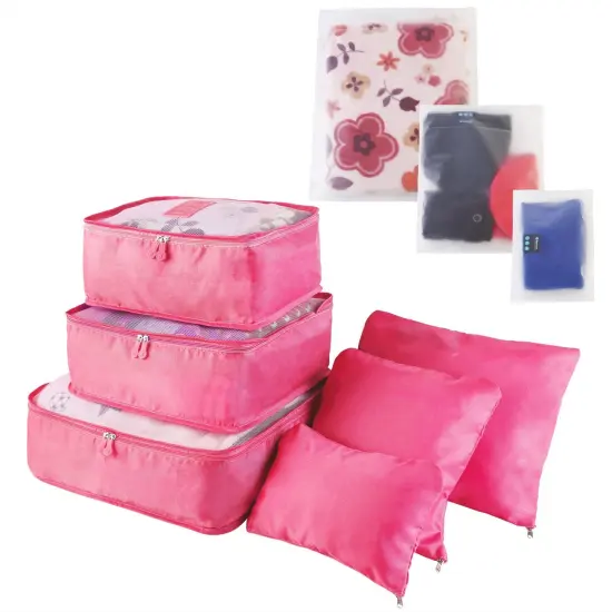 9Pcs Clothes Storage Bags Water-Resistant Travel Luggage Organizer Clothing Packing Cubes Hot pink {1}