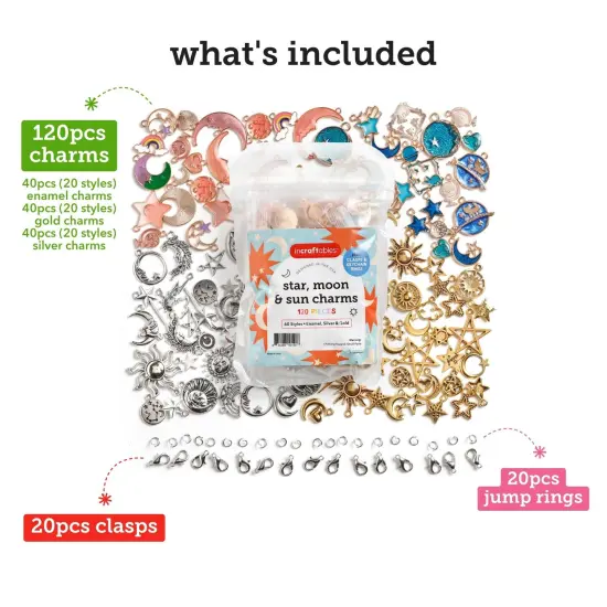 Incraftables Sun, Moon & Star Charms Pendants for DIY Bracelets, Jewelry, Keychain & Necklace Making. Bulk Mixed Assorted Enamel, Gold & Silver Charm set for Kids & Adults 120pcs (60 styles). {3}