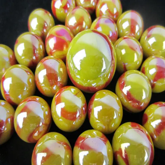 25 Glass Marbles SUN Fire RED/YELLOW Opal iridescent Shooter game style Swirl {1}