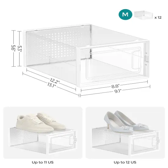 SONGMICS Shoe Boxes, Pack of 12 Shoe Storage Organizers, Stackable Clear Plastic Boxes for Closet, Sneakers, 9.1 x 13.1 x 5.6 Inches, Fit up to US Size 11, Transparent and White ULSP12SWT {3}