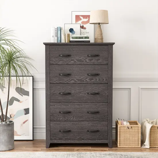 Costway 5 Drawer Chest Storage Dresser Tall Cabinet Organizer Bedroom Hallway Dark Grey/Walnut {4}