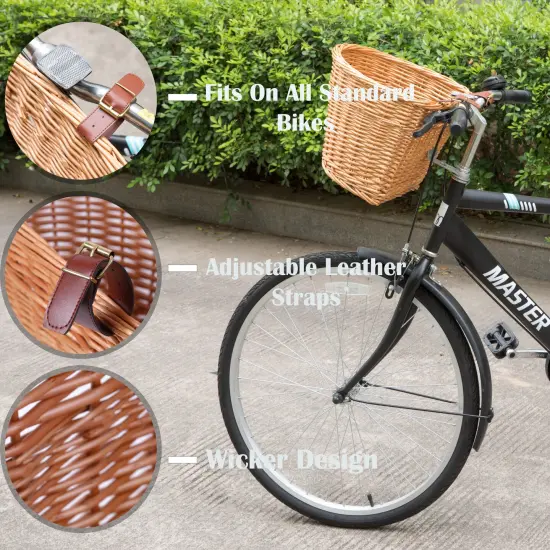 Wickerwise Wicker Front Bike Baskets Universal Handlebar Mount for All Bikes and ages, Ideal for Beach Cruisers, Stationary Bikes, Ebikes, and Road Bikes, Brown with Stylish Faux Leather Straps {5}