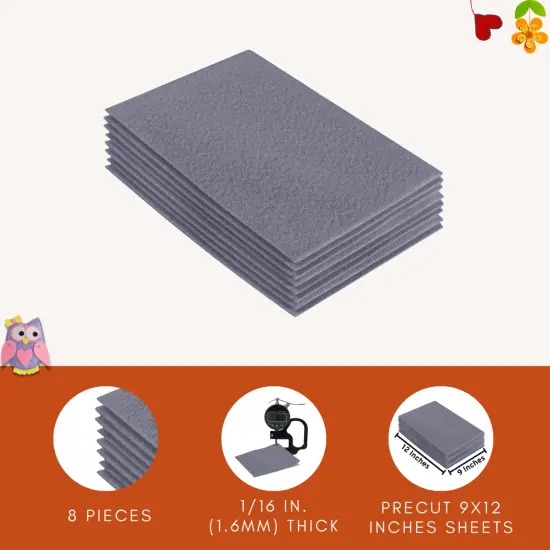 FabricLA Acrylic Felt Sheets for Crafts - Precut 9" X 12" Inches (20 cm X 30 cm) Felt Squares - Use Felt Fabric Craft Sheets for DIY, Hobby, Costume, and Decoration | Grey - 8 Pieces {4}