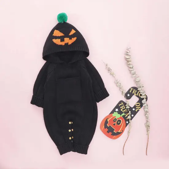 Halloween Baby Costume - Solid Color Monster Print Pattern Romper Black {1}