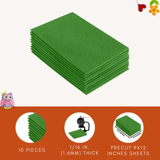 FabricLA Acrylic Felt Sheets for Crafts - Precut 9" X 12" Inches (20 cm X 30 cm) Felt Squares - Use Felt Fabric Craft Sheets for DIY, Hobby, Costume, and Decoration | Green - 10 Pieces {6}
