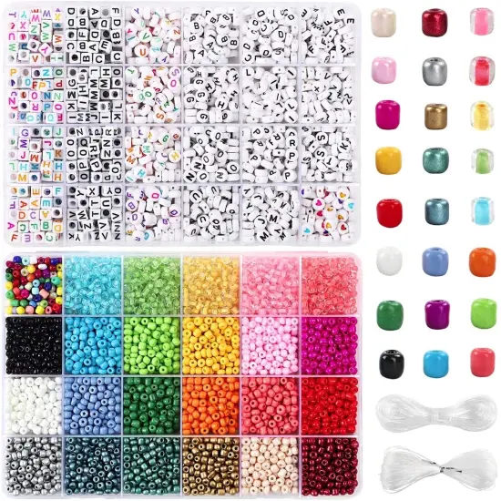 8800 Pieces Beads Kit, Including 7200 Pieces 4mm Glass Seed Beads and 1600 Pieces Letter Beads for Bracelet Jewelry Making and Crafts with 20m Crystal String and 30m Elastic String {2}