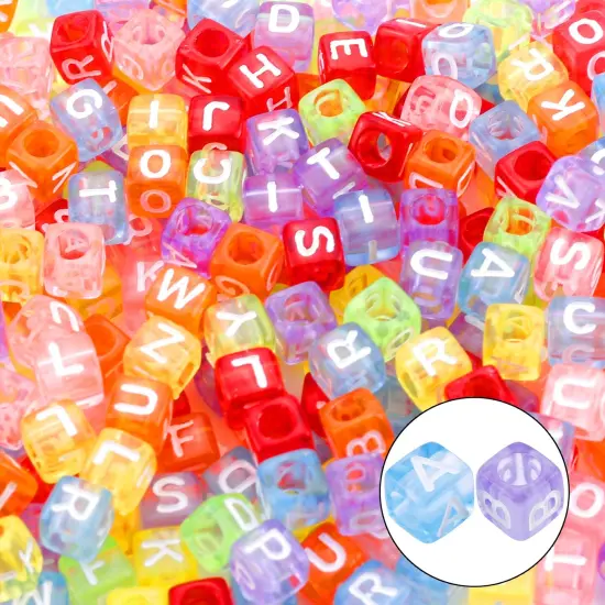 1400 Pieces 5 Color Acrylic Alphabet Cube Beads Letter Beads with 1 Roll 10M Crystal String Cord for Jewelry Making(6mm) {4}