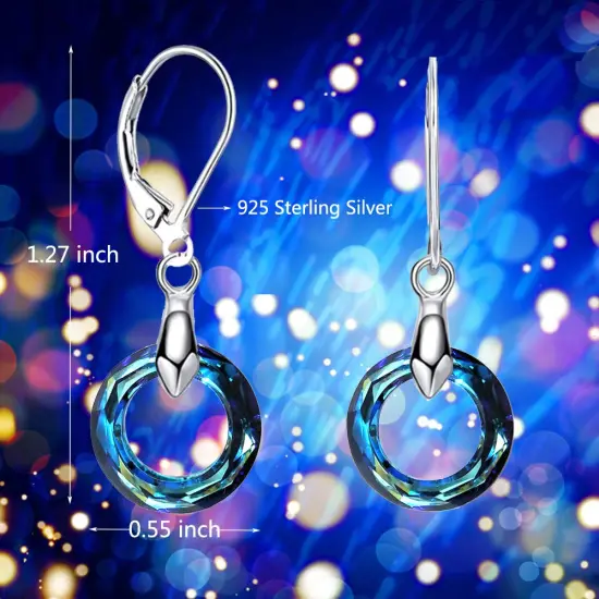 925 Sterling Silver Circle Earrings Austrian Crystal Leverback Earrings Jewelry Dangle Drop Earrings for Women (Bermuda Blue Crystal Earrings) {6}