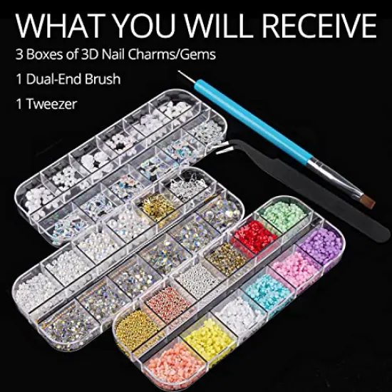 Mixed 3D Nail Art Gem Decoration Accessories Kit #1, Aurora Bear Bow Butterfly Starry AB Rhinestone Charm Jewelry for Deco, Pearl Flower Caviar Bead Stone Crystal with Dual-End Brush and Tweezer {4}