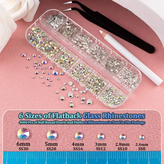 4000 Pieces Half Round Pearls and Rhinestones, Flat Back White and Beige Half Pearls and Clear+AB Round Crystal Gem Kit with Tweezer and Pickup Pencil for Nail Art and DIY Decoration {1}