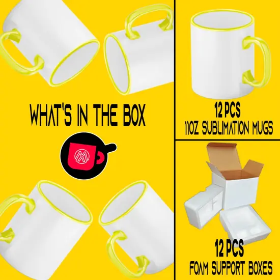 12 Pcs 11OZ Yellow Rim & Handle Sublimation Mugs With Foam Support Boxes {3}