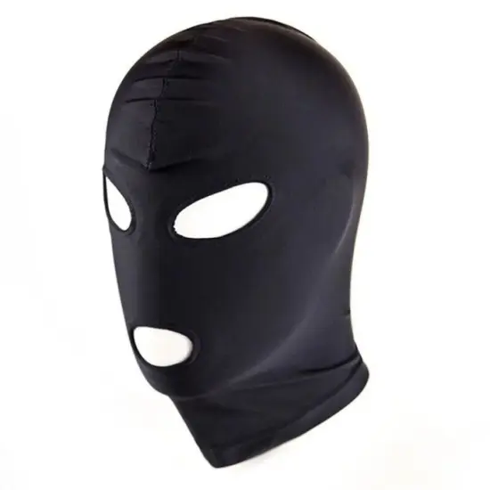 Black Bondage Full Hood Head Face Mask Open Eye Mouth Role Play Spandex Headgear {3}
