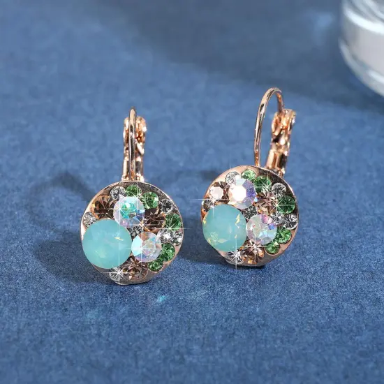 Multicolored Crystal Earrings for Women 14K Gold Plated Leverback Dangle Hoop Earrings (Green Opal+Aurora Borealis Crystal) {5}