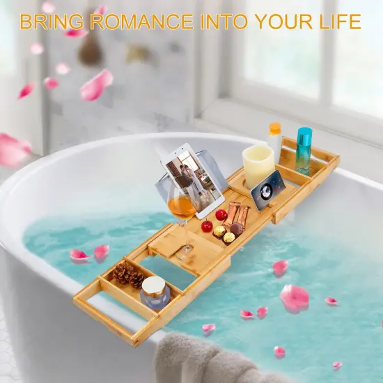 Bathtub Caddy Tray Crafted Bamboo Bath Tray Table Extendable Reading Rack Tablet Phone Holder {5}