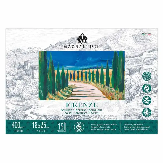 Magnani 1404 Firenze 100% Cotton Acrylic Paint Paper Pad, 188 lb. 15 Heavyweight Sheets, Rough Texture, Vegan Sizing, Natural White Acrylic Paper Pad for Acrylic, Gouache, Ink & Watercolor {1}