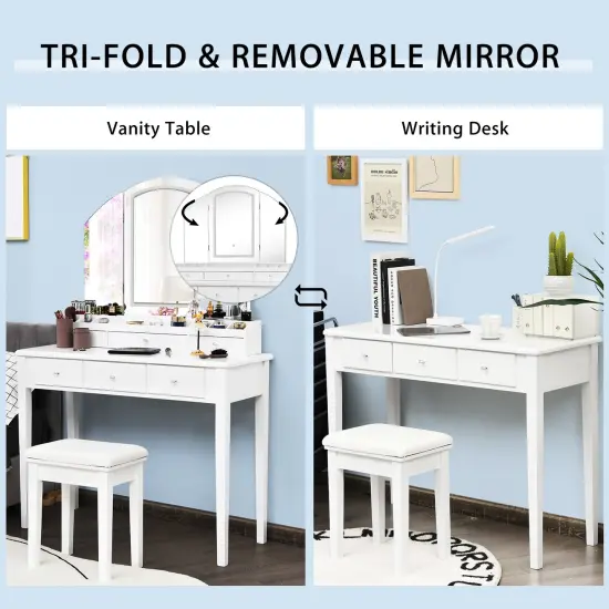 Vanity Table Stool Set with Large Tri-folding Lighted Mirror White {6}