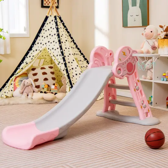 3-in-1 Folding Slide Playset With Basketball Hoop And Small Basketball Pink {2}