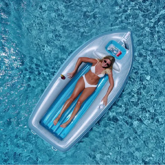 Swim Central 105-Inch Inflatable Gray and Blue Classic Boat Cruiser with Cooler Pool Float {3}