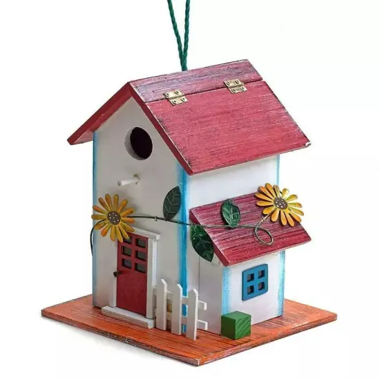 Hand-painted Wooden Birdhouse with Flowers Outdoor Garden Decor {2}