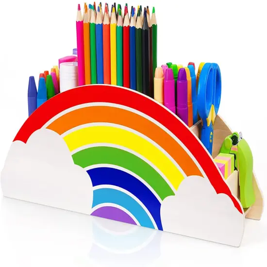 Wooden Pen Holder & Pencil Holders - Rainbow Supply Caddy Phone Holder Desk Organizer for Office Supplies Makeup Brush Classroom Organization for Women & Kids {1}