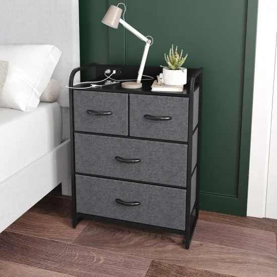 Emma and Oliver Hermes Nightstand with 4 Fabric Drawers, Charging Station with 2 USB Ports/Power Outlet, Engineered Wood Top, Wood Handles, Metal Frame Charcoal/Black {1}