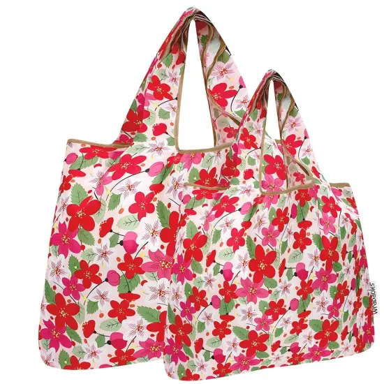 Wrapables Large & Small Foldable Tote Nylon Reusable Grocery Bags, Set of 2, Sakura {1}