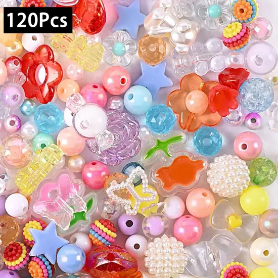 120 Pieces Acrylic Assorted Beads Mix Color Flower Heart Butterfly Candy Beads Pastel Beads Candy Color Plastic Beads Cute Round Beads Bulk for Bracelets Jewelry Making Necklaces DIY Crafts {1}