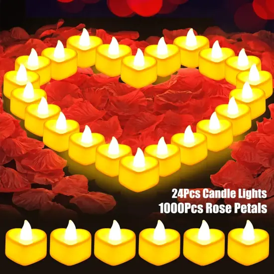 1000Pcs Artificial Rose Petals + 24Pcs LED Heart Light Candles Romantic Propose {4}