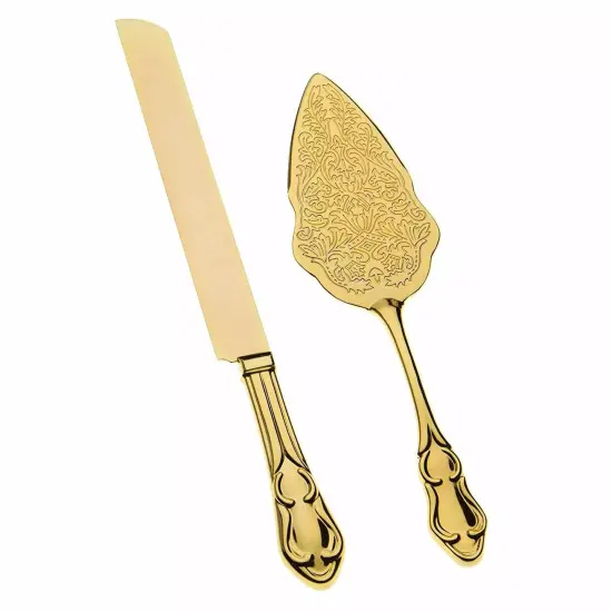 Gold Wedding Cake Knife & Server Set, Vintage Cake Cutting Utensils (Gold) {1}