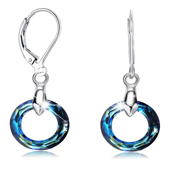 925 Sterling Silver Circle Earrings Austrian Crystal Leverback Earrings Jewelry Dangle Drop Earrings for Women (Bermuda Blue Crystal Earrings) {2}