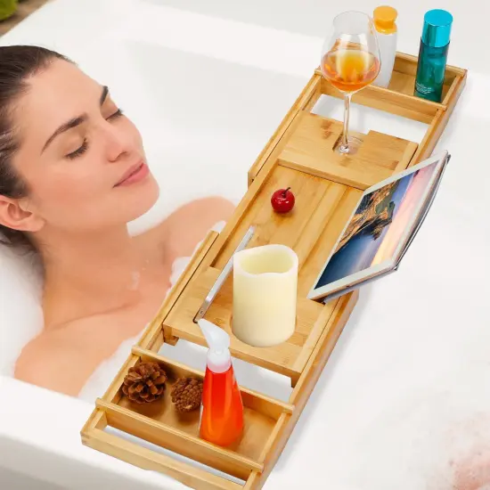 Bathtub Caddy Tray Crafted Bamboo Bath Tray Table Extendable Reading Rack Tablet Phone Holder {6}