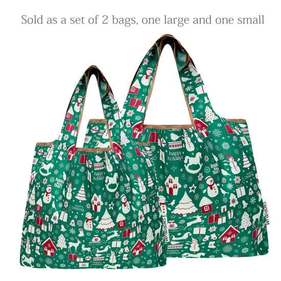 Wrapables Large & Small Foldable Tote Nylon Reusable Grocery Bags, Set of 2, Christmas Green {3}