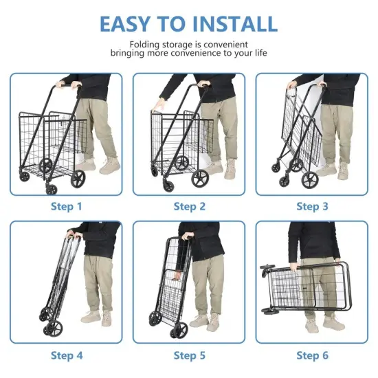 Folding Shopping Cart Utility Cart with Double Basket and Swivel Wheels {3}