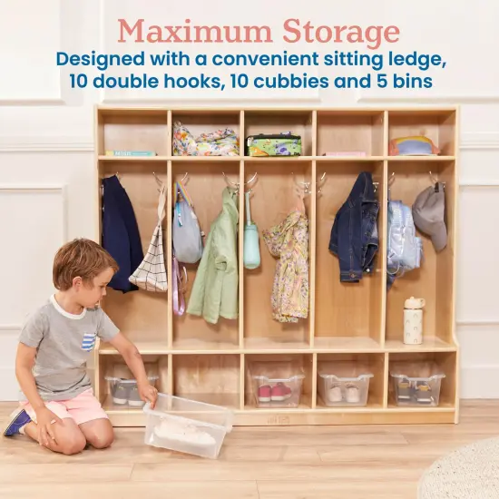 5-Section Coat Locker with Bench and 5 Scoop Front Storage Bins Clear {5}