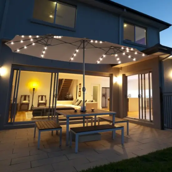 15 Ft Patio Led Crank Solar Powered 36 Lights Umbrella Without Weight Base Beige {4}